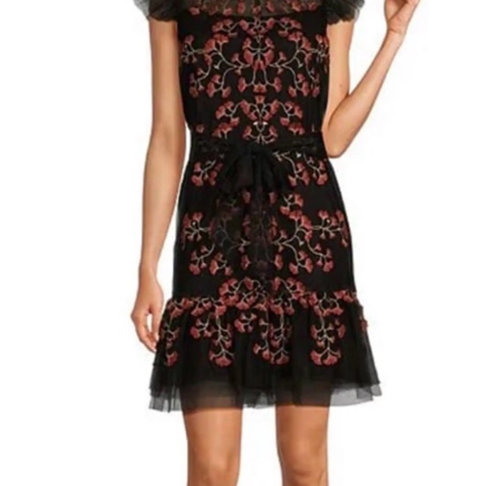 Alex Marie Liesl Floral Embroidered Mesh Mock Neck Sheer Illusion Flutter Sleeve